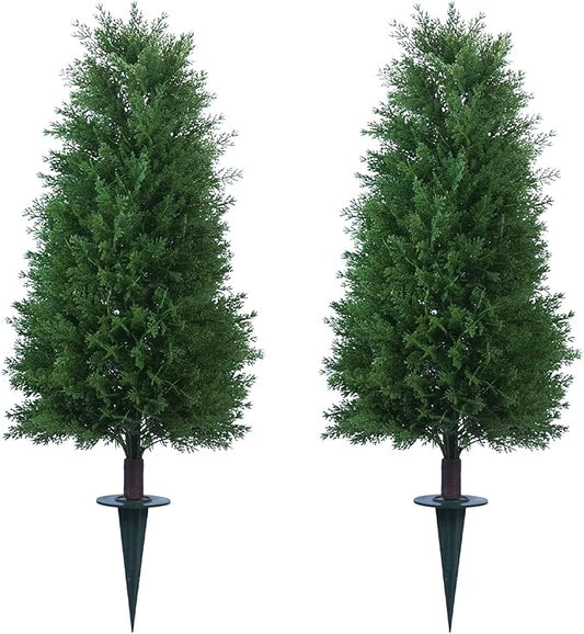 3FT Artificial Cedar Topiary Ball Trees with Ground Spike, 2 Pack UV Resistant Artificial Shrubs, Fake Evergreen Artificial Plant Brush for Indoor Outdoor Front Porch Garden