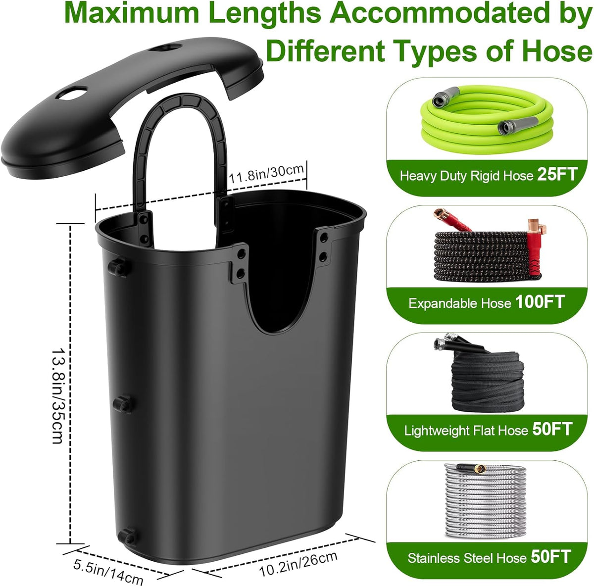 Riokko Garden Hose Holder Bucket, Hose Storage, Water Hose Storage for Outside, Hose Box Fits 25FT Heavy Duty/100FT Expandable/50FT Flat/50FT Stainless Steel Hoses, Hanging Handle & Drain Hole Design