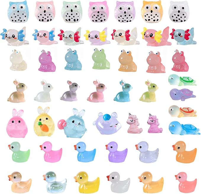 49PCS Tiny Resin Bulk Animals Miniature Figures Ornament Luminous Transparent Multicolor Dollhouse Decor Accessorie for Garden Aquarium Potted Ornament