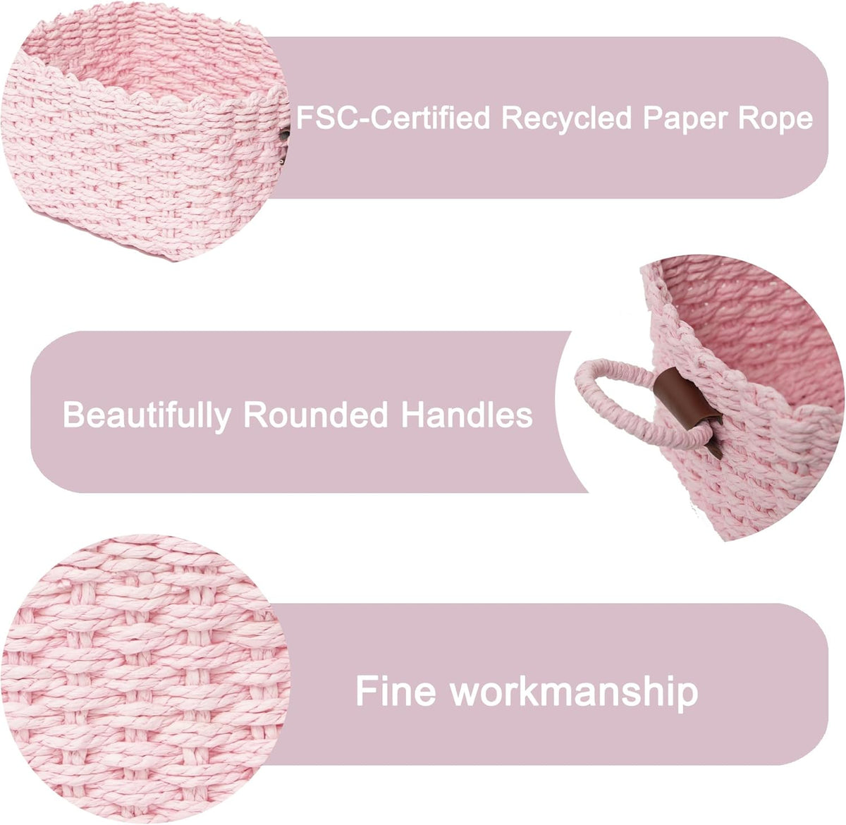 Small baskets for Organizing,Cute woven Storage basket with recycled paper rope for Shelves Bathroom,Little decorative basket,Set of 3 (Pink)