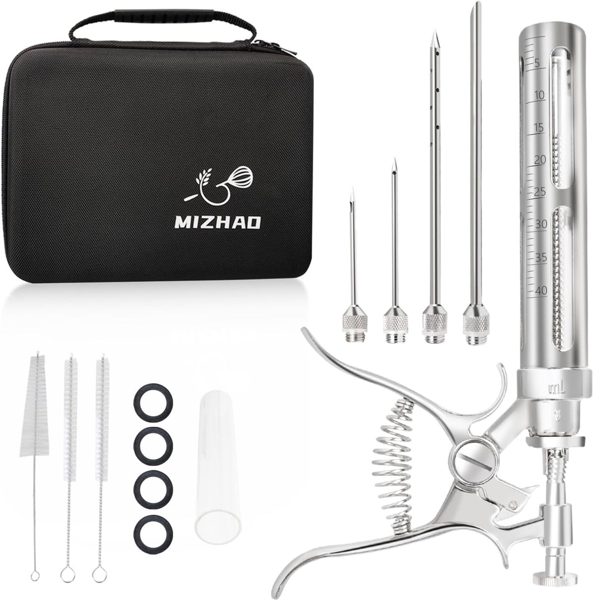 Premium Meat Injector Kit - Stainless Steel Marinade Syringe with 4 Needles, Leak-Proof, Food-Grade Injector for BBQ, Turkey, Chicken, and Grilling – Includes Bonus Glass Tube(9.1in)