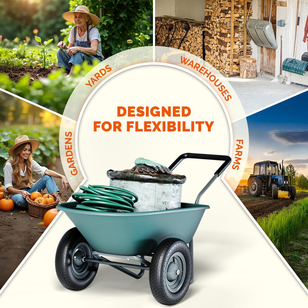 Upgrade 2 Wheel Wheelbarrow, Yard Cart with Padded Handlebar, 14 Inch Pneumatic Tires for High Stability, Ideal for Moving Soil, Plant Shrub, Gardening Tool, Easy Assembly