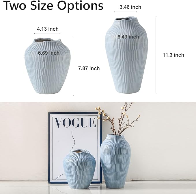 Ceramic Vase for Home Decor,7.8 Inch Flower Vases，Decorative Blue Vase for Pampas Grass，Modern Art Texture Vases for Home Entryway Living Room Dining Table Farmhouse Office Decor-Mat Blue