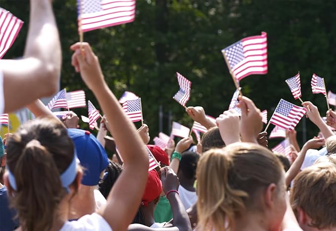 200pcs Small American Flags on Stick, Handheld 8 x 5.5 Inchs Mini American Flags with Kid-Safe Golden Spear Top, US Flags for 4th of July Decorations Outdoor, Independence Day Decorations