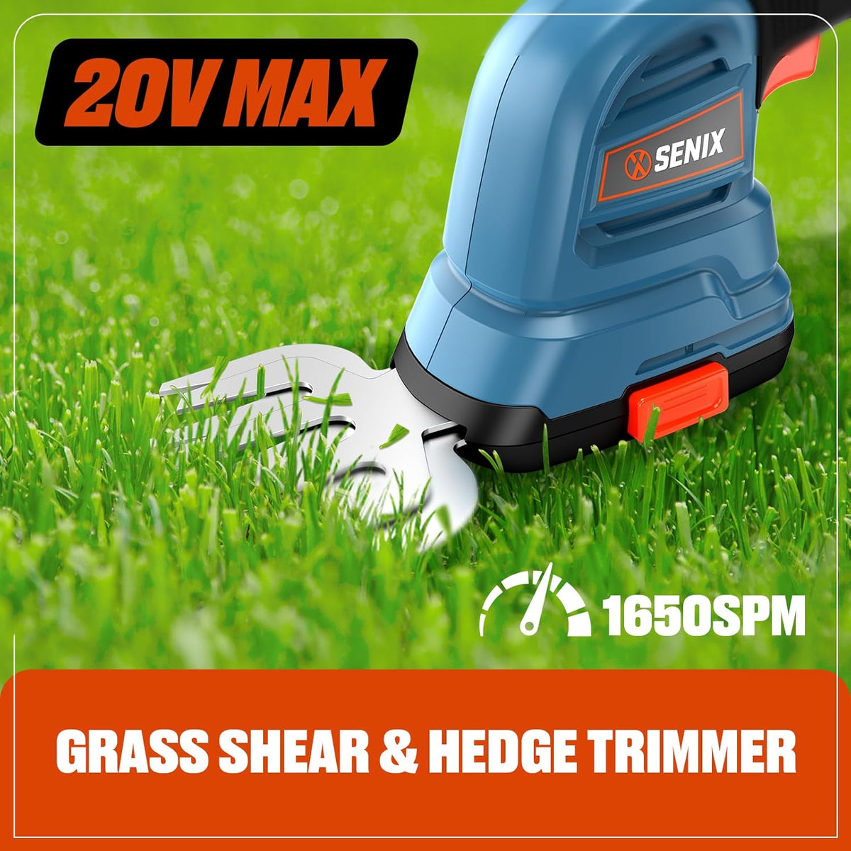 Senix X2 20 Volt Max* 2-in-1 Cordless Hedge Trimmer and Grass Shear with Interchangeable 4-Inch and 8-Inch Blades, Includes 2.0 Ah Battery and Charger (GSX2-M)