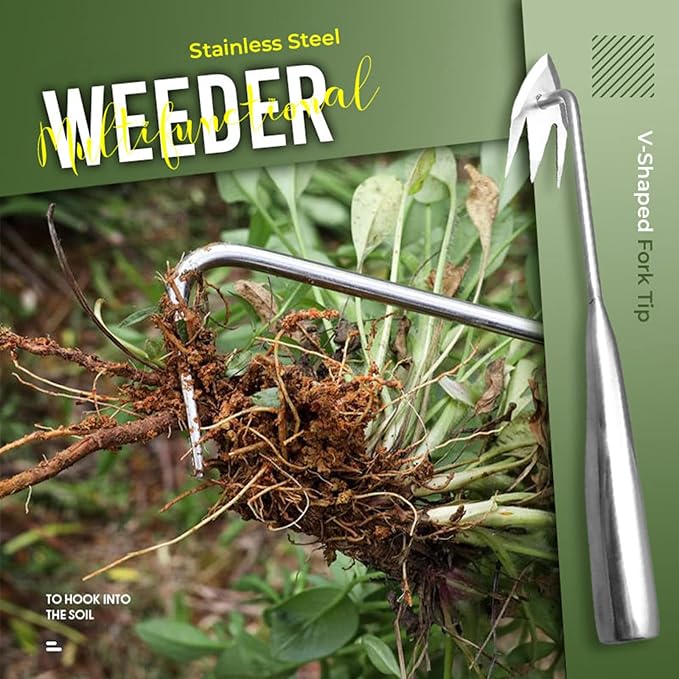 Amposei Stainless Steel Multifunctional Weeder, Hand Weeder Tool Stand Up Weed Puller Tool with Long Handle, V-Shaped Light Duty Hand Weeder for Lawn Garden Yard Farmland Weed Removal (Wood Handle)