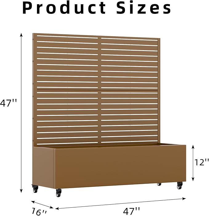 Casaphoria Metal Raised Garden Bed with Trellis and Wheels, 47"x47"x16" Planter Box for Climbing Plants, Vegetables & Vines, Features Drainage Holes and Privacy Screen (Brown-Louvered)