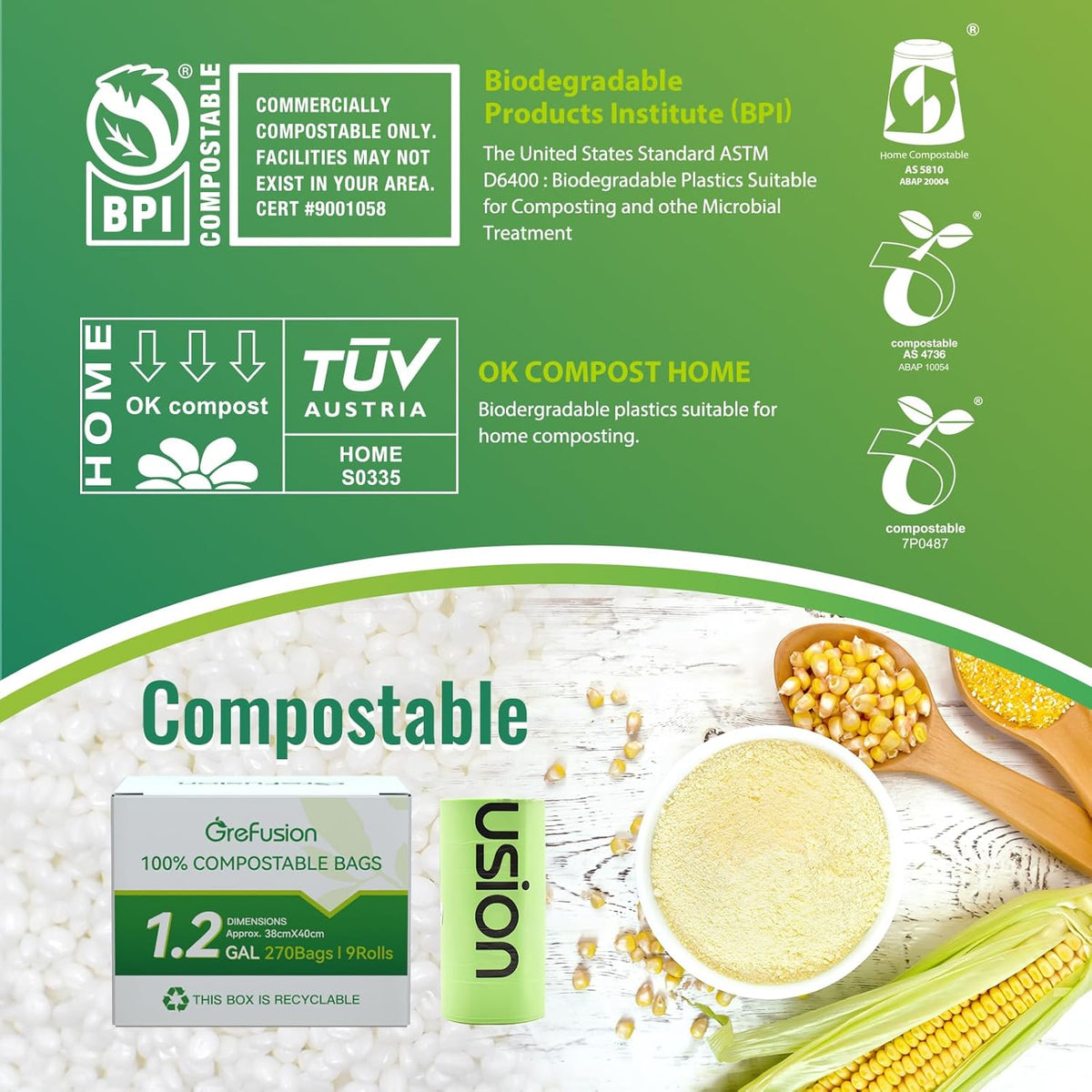 Compostable Trash Bags, Small 2.6 Gallon, 270 Count, 0.72 Mils Thick, Eco Friendly, ASTM D6400 & BPI Certified, Composts Food Scraps, No Leaks