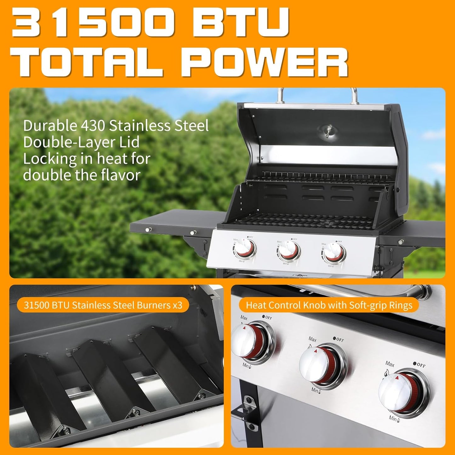 CIG GARDEN 3-Burner Propane Gas Grill,Outdoor Barbecue Grill with 2 Foldable Side Tables,Double-layer Stainless Steel Grill Lid with Cast Iron Grates,31500 BTU Output Perfect for Camping,BBQ Grill