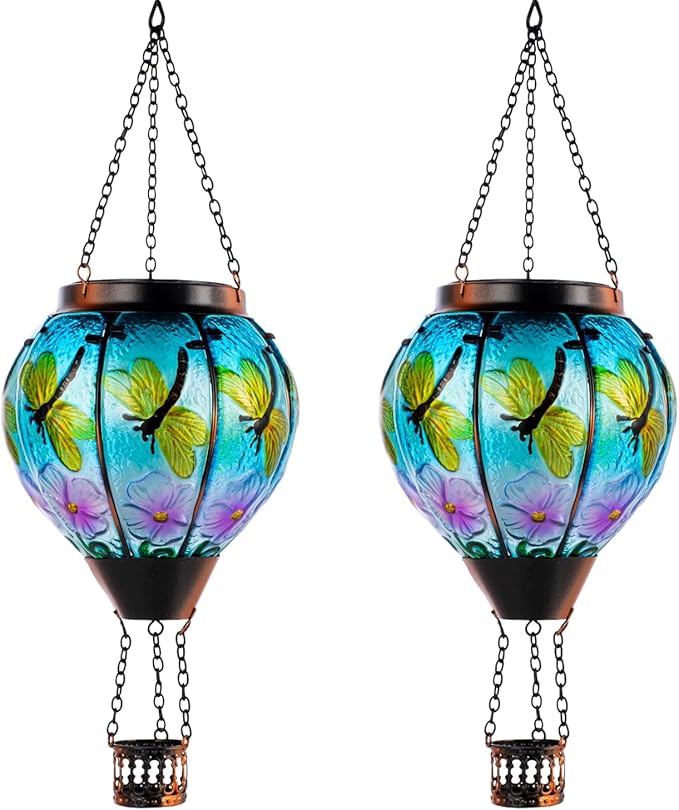 2 Pack Dragonfly Hot Air Balloon Solar Lantern Outdoor Waterproof, Glass Balloon Lanterns for Outside, Decorative Hanging Solar Lights Patio Garden Yard Gift for Women Moms