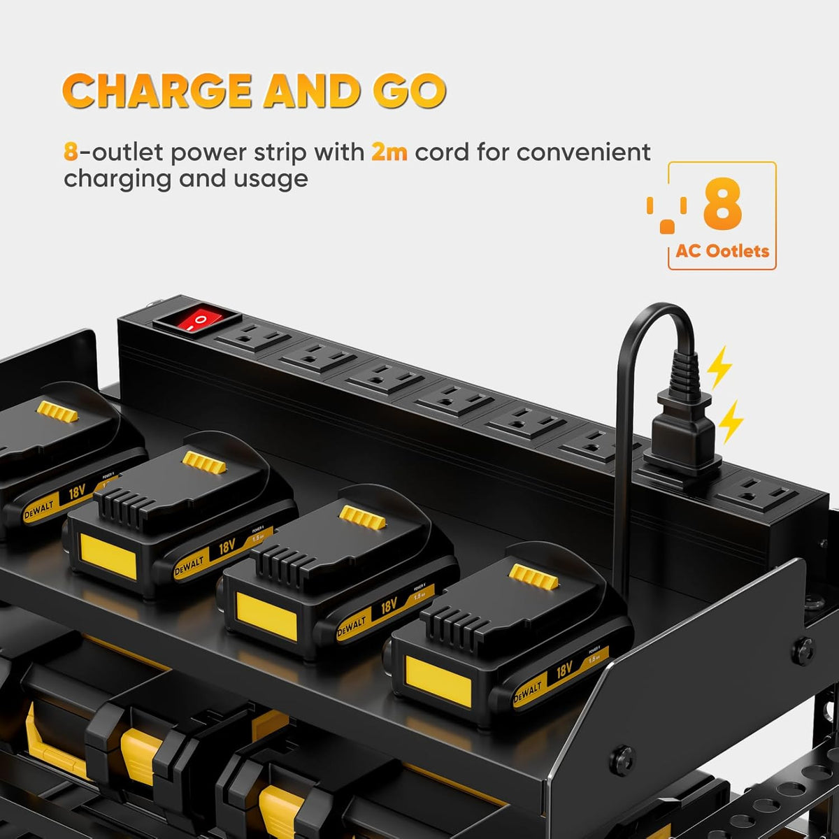 Power Tool Organizer Wall Mount with Charging Station,Tool Storage Rack with 8 Outlet Power Strip,Heavy Duty Metal Battery Utility Rack with 4 Cordless Drill Holder 6.56 Ft Cord for Garage