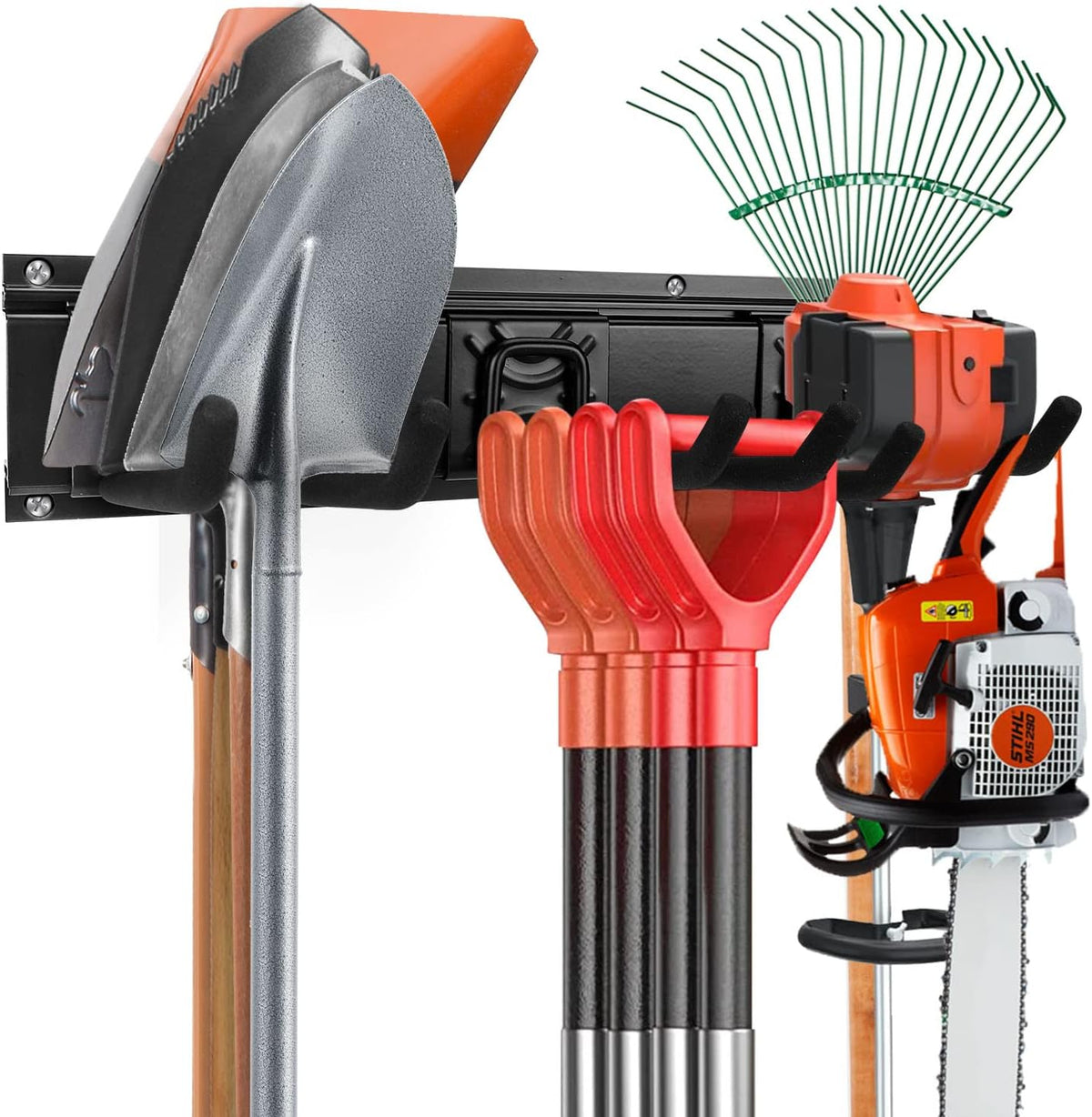 Tool Rack Kits, Garage Wall Organization Hanger with 1 Mop Hook and two 8-inch Multi-Purpose Hooks, Garden Yard Shovels Rakes for String Hedge Trimmer Brooms Hoses Folding Chairs ladders, and More