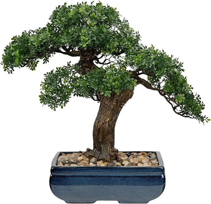 Artificial Bonsai Tree Juniper Faux Plants Indoor Fake Plants Decor with Blue Square Ceramic Pots for Home Table Office Desk Bathroom Shelf Bedroom Living Room Farmhouse Decorations