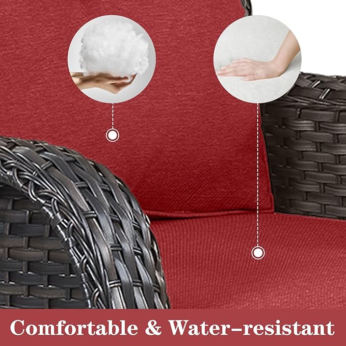 5 Pieces Patio Wicker Furniture Set - 4 Outdoor Swivel Rocker Glider Chairs with 50000BTU Propane Fire Pit Table, Warm Patio Conversation Set Red Cushion Perfect for Casual Gathering