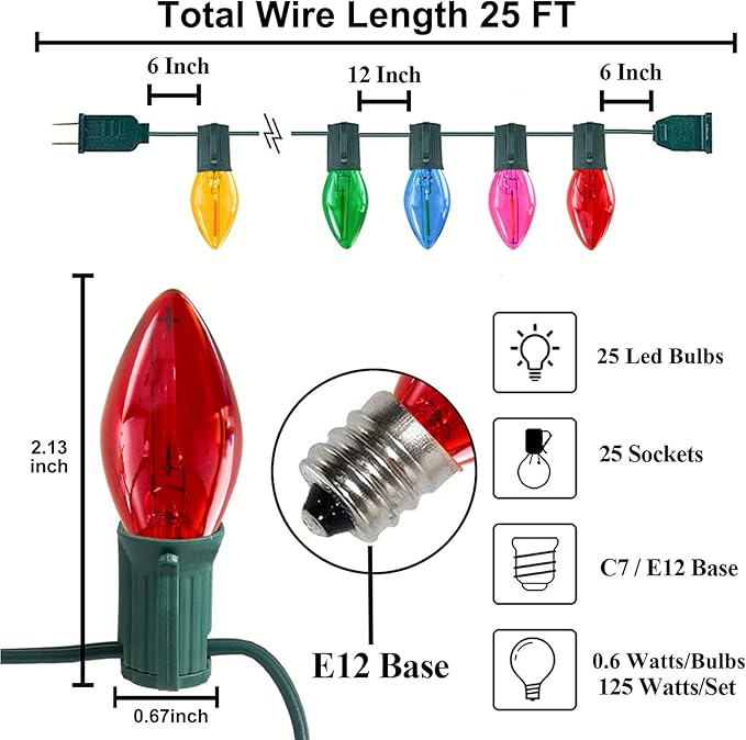 C7 Christmas Lights Multicolor 25Ft Outdoor Patio String Light with 27 LED Clear Multicolor Bulbs, Vintage Christmas Lights for Outdoor Roofline Xmas Garden Wedding Party Decorations- Green Wire