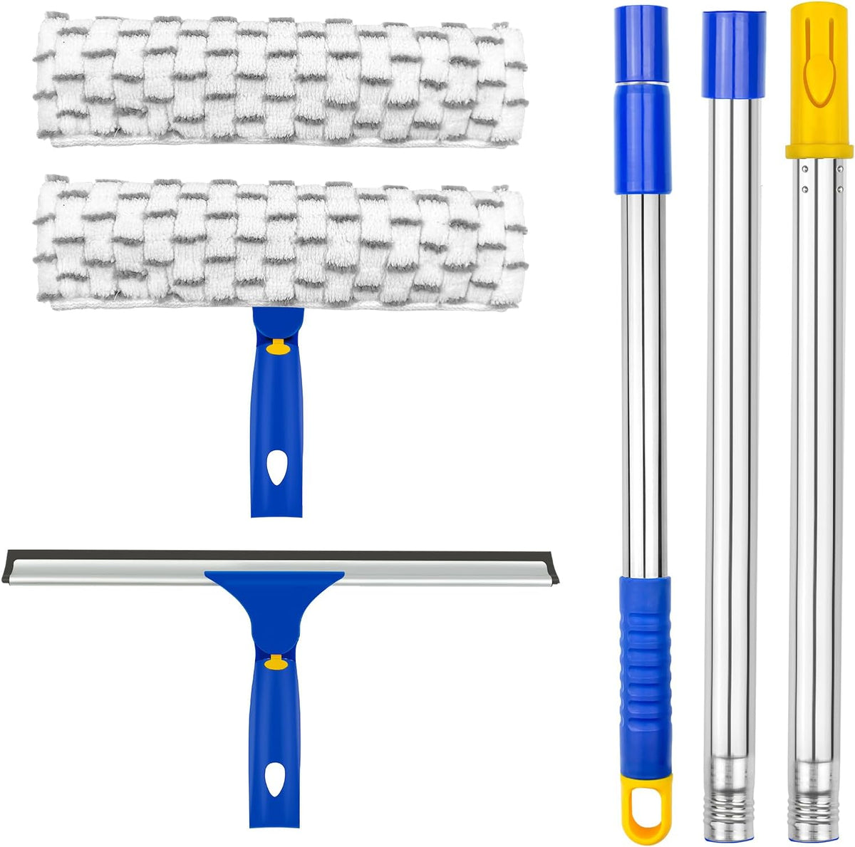 ITTAHO Squeegee for Window Cleaning,12" Squeegee and 11" Microfiber Scrubber Combi with Stainless Steel Pole,Extendable Window Cleaner for Car,Sliding Door,Shower Glass Door-Swivel Style-2 Pads