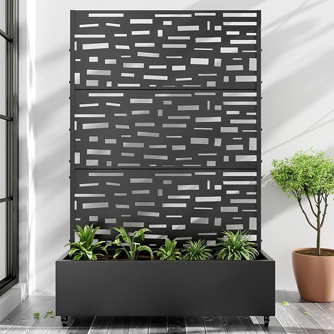 Casaphoria Metal Raised Garden Bed with Trellis and Wheels, 72"x47"x16" Planter Box for Climbing Plants, Vegetables & Vines, Features Drainage Holes and Privacy Screen (Black-Gerald)