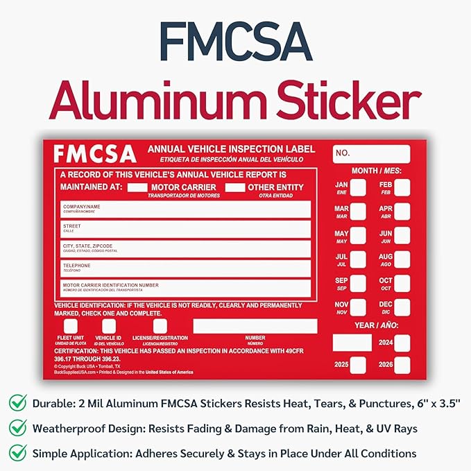 5 Pack Buck Aluminum Annual Vehicle Inspection Label with Punch Boxes, 2 Mil Red FMCSA Self Adhesive Sticker, DOT Compliant, Weatherproof, Tear Resistant, Easy to Write On, 6" x 3.5" - Made in USA
