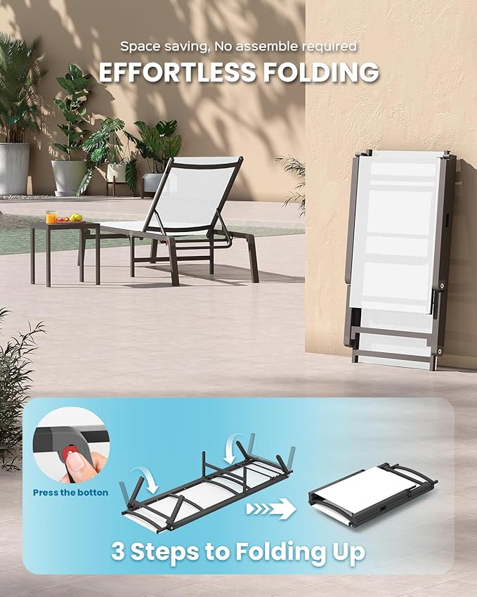 Chaise Lounge Outdoor, Foldable Aluminum Pool Lounge Chairs with 5 Positions Recliner - Free Assembly - Patio Chaise Lounge Chair for Poolside, Beach, Yard (White)