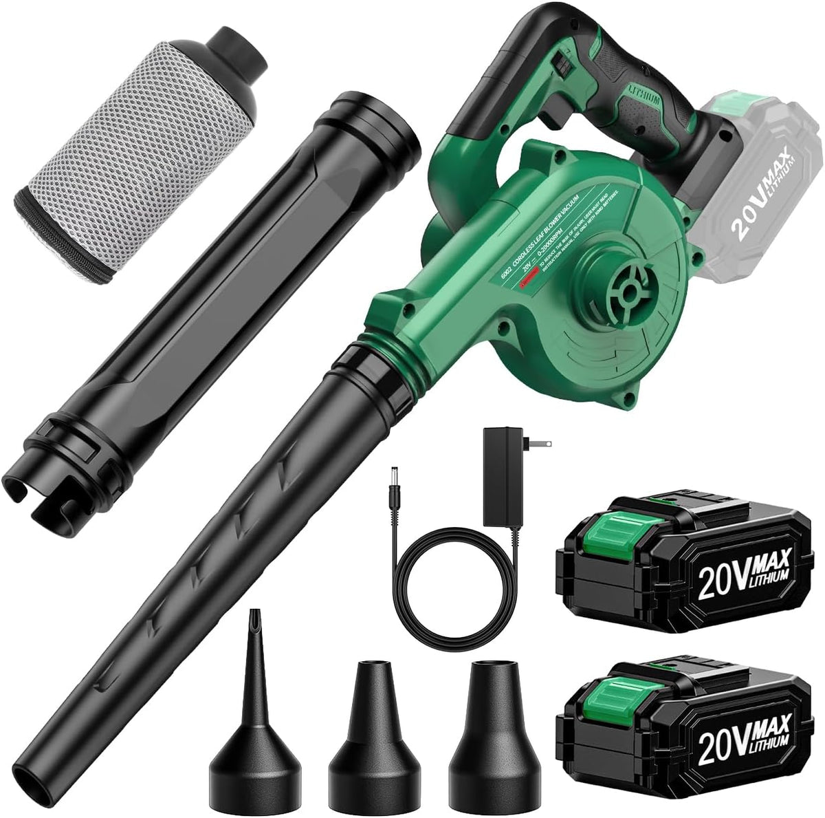 K I M O. Cordless Leaf Blower Vacuum Combo 4 in 1, 3 Nozzles &3 Modes for Inflation & Deflation, Extended Tube & Variable Speed, 20000RPM 150MPH, 2x2000mAh Battery Powered Leaf Blowers for Lawn Care