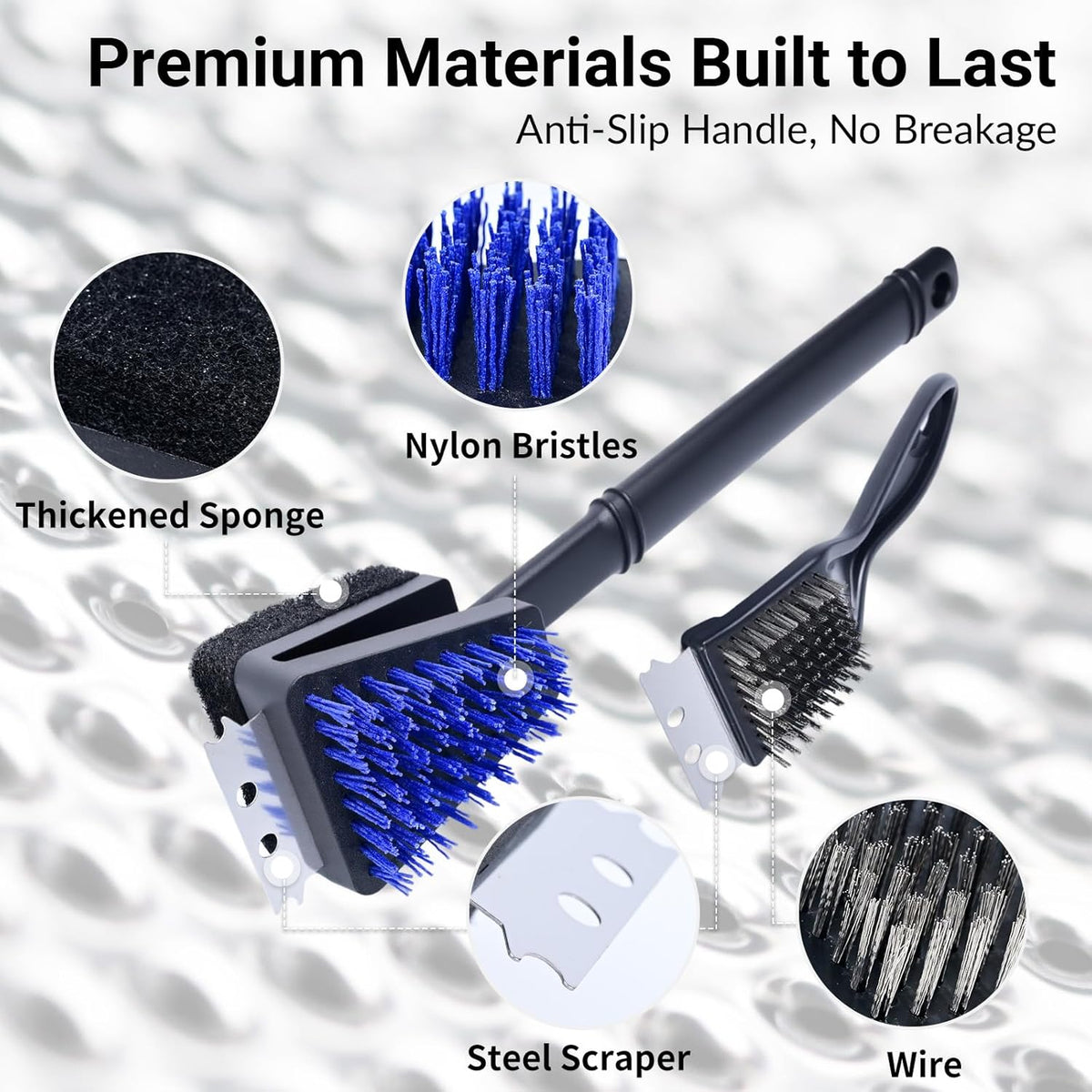 Nylon Bristle Grill Brush for BBQ - Heavy Duty Grill Cleaning Kit with Scraper, Safe for All Grill Types - Non-Scratch Bristles & Long Plastic Handle - Outdoor Barbecue Brush and Accessories