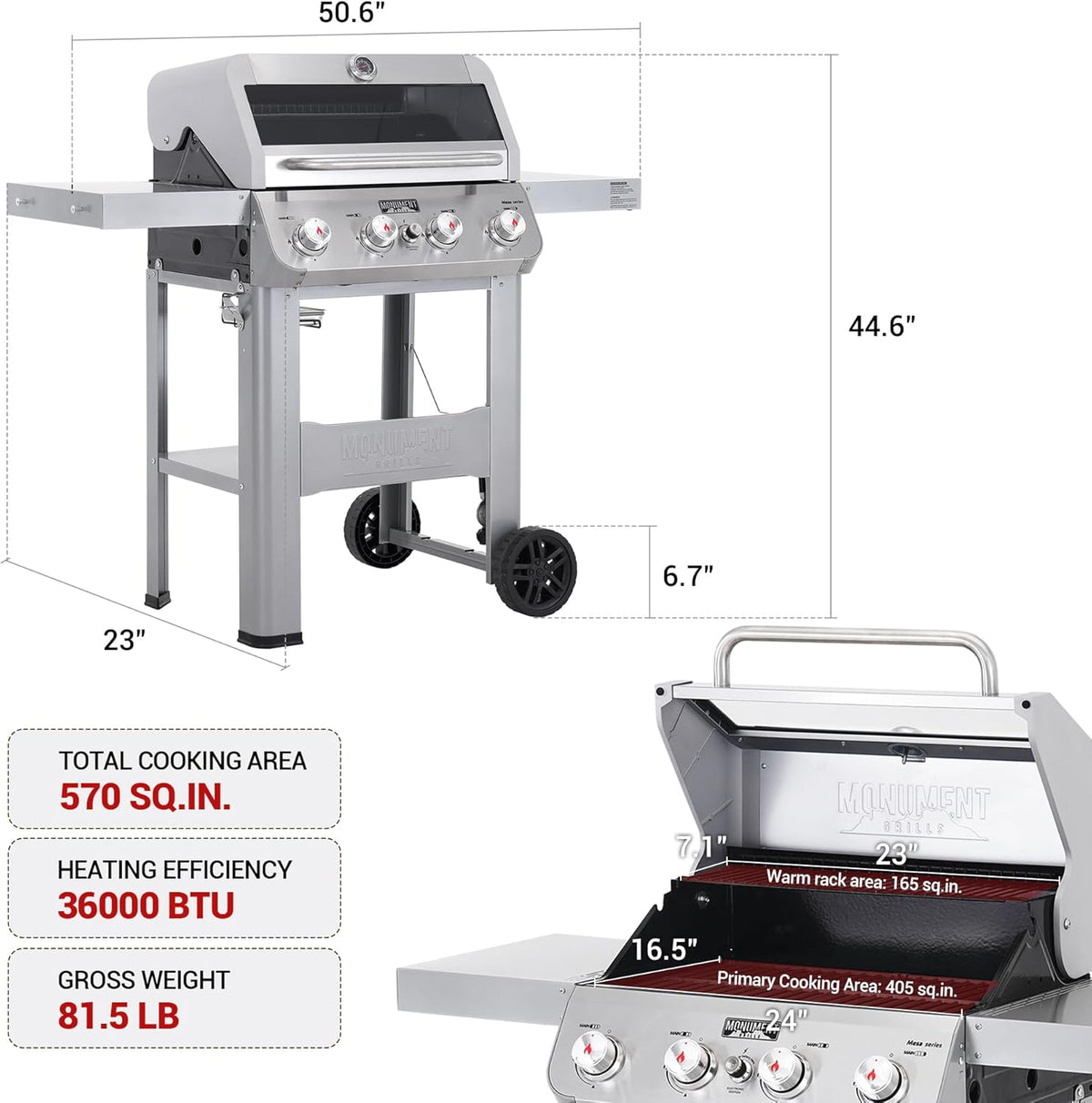 Monument Grills 4-Burner Liquid Propane Gas Grill, Silver Stainless Steel Grill Patio Garden Barbecue Grill with Clearview® Lid and One Foldable Shelf, Mesa400MF with BBQ Cover