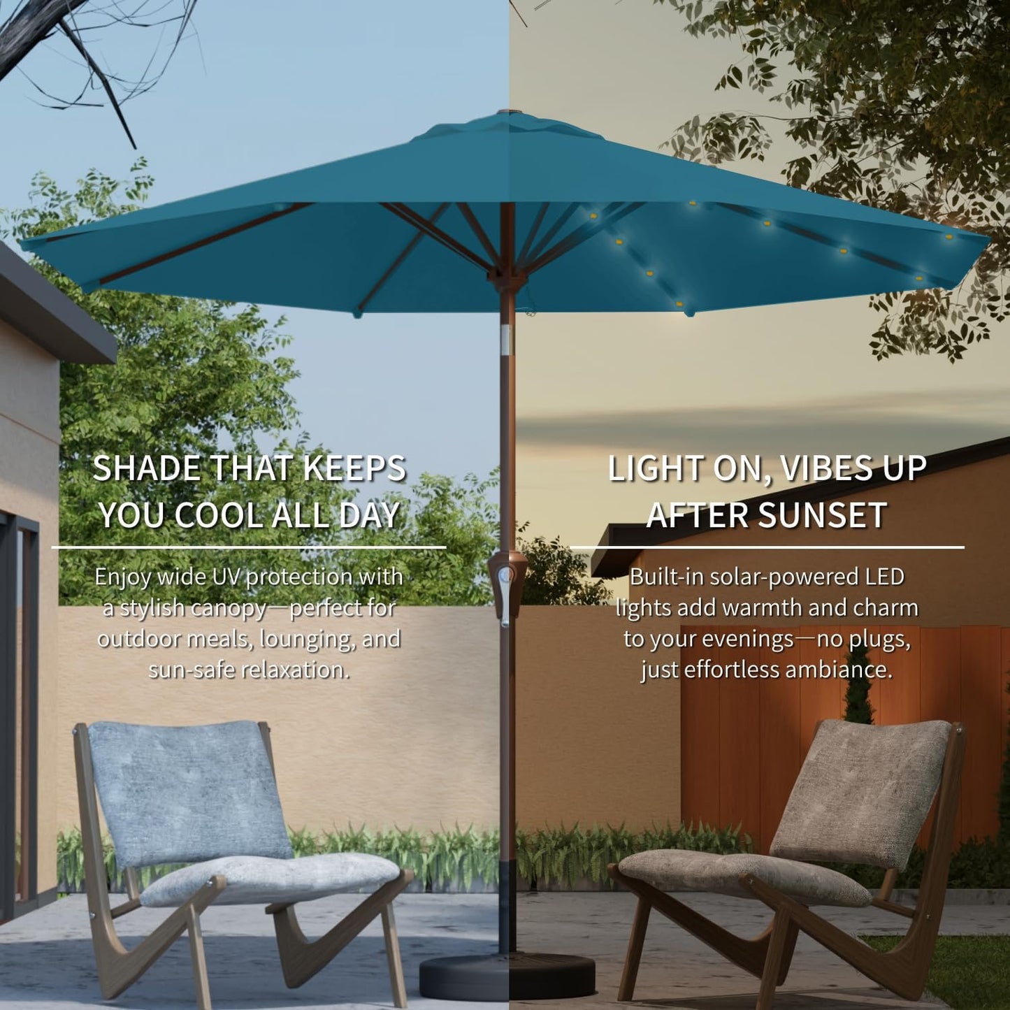 9FT Solar Umbrella 32 LED Lighted Patio Umbrella Table Market Umbrella w/Tilt and Crank, UV-Resistant Outdoor Umbrella for Pool, Garden, Deck, Lake Blue