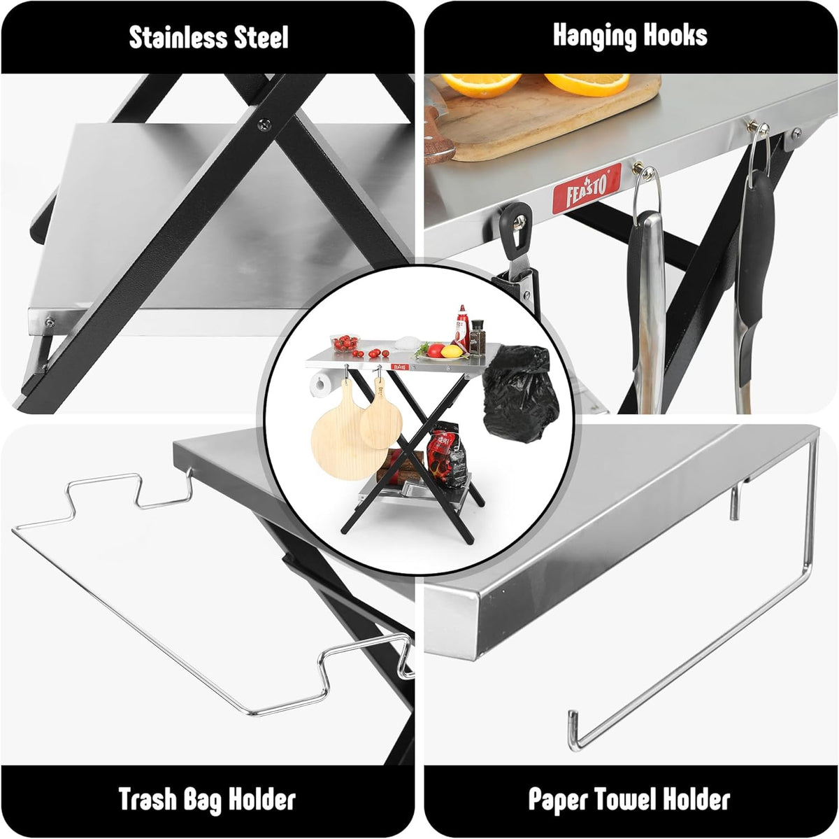 Outdoor Grill Table, Foldable Pizza Oven Stand & Blackstone Griddle Stand with Garage Rack & Tissue Holder, Folding Outdoor Prep Table for Gathering and Party, 30" x 24", Stainless Steel