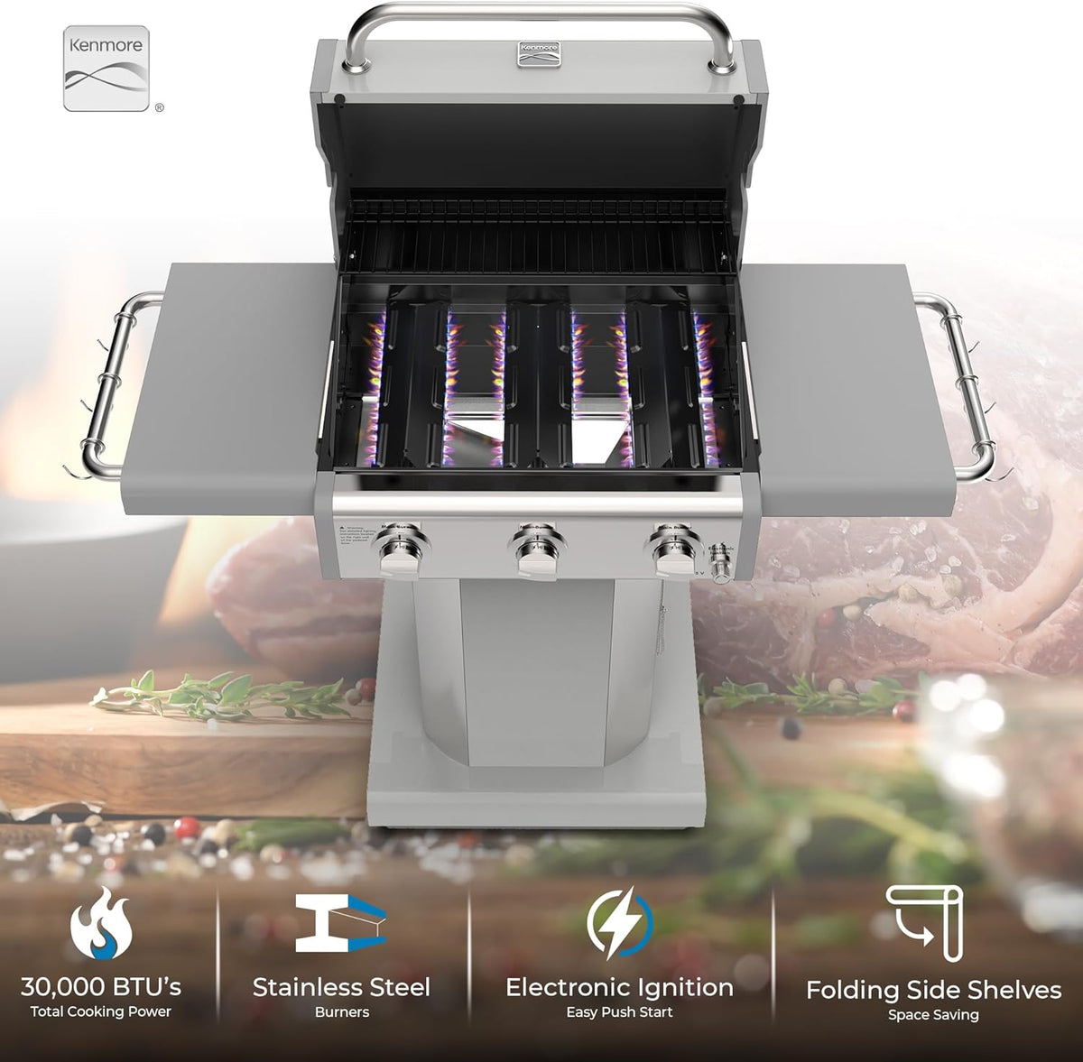 Kenmore 3-Burner Outdoor BBQ Grill | Liquid Propane Barbecue Gas Grill with Folding Sides, PG-A4030400LD-PE, Pedestal Grill with Wheels, 30000 BTU, Pearl White