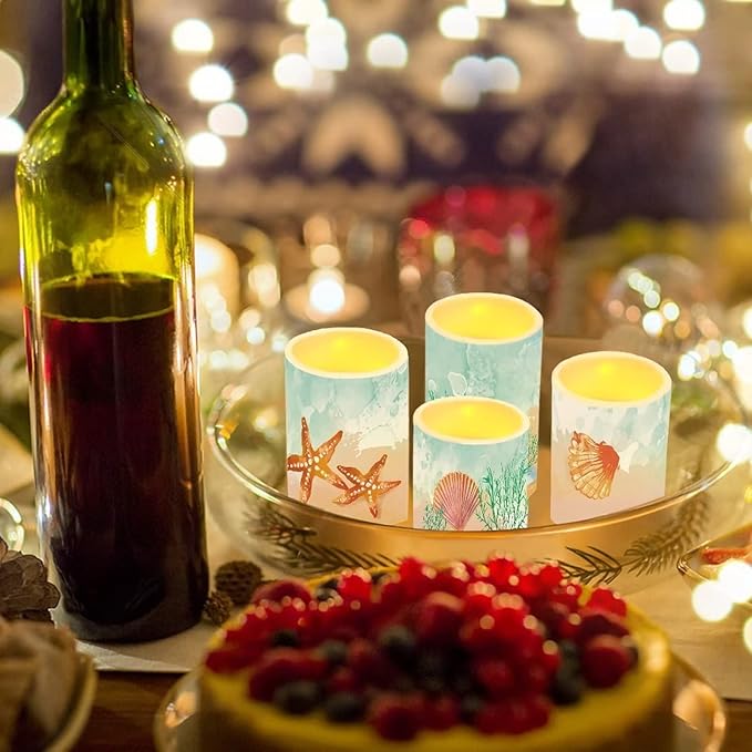 Beach Flameless Candles Battery Powered with Multicolor Timer Remote Control Everlasting Fake Candles for Coastal Marine Garden Indoor Outdoor Decor, Starfish Seashell Coral