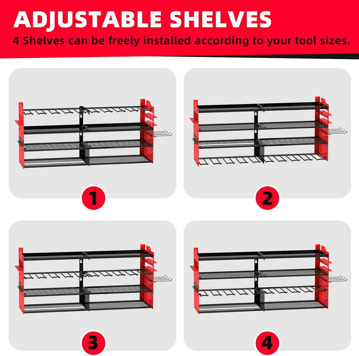 Power Tool Organizer Wall Mount with 8-Drill Holders-400Lbs Load Heavy Duty Metal 4-Layers Garage Storage & Organization Battery Tools Rack with Side Panels Utility Racks Workshop Gifts for Men