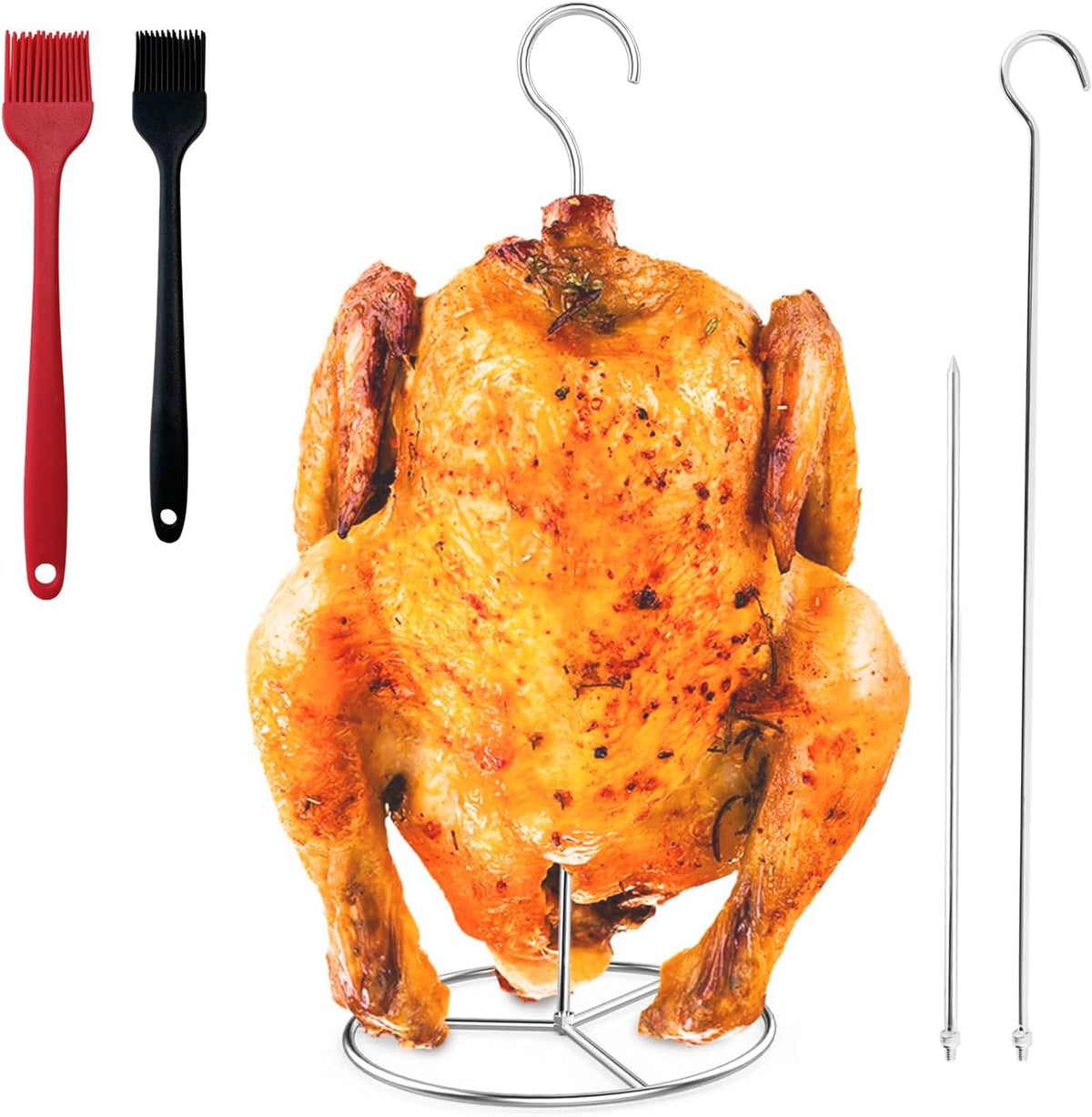 Fengzhe Stainless Removable Vertical Skewer Grill - Brazilian Barbecue Meat Spit Rack, with 1 Hook, 1 Spike, & 2 Brushes, Perfect for Grilling Steak, Whole Chickens, Whole Fish, Large Cuts of Meat.