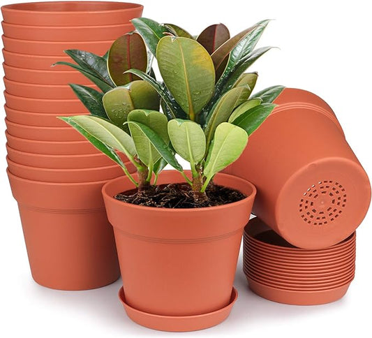 Homenote Pots for Plants, 15 Pack 6 Inch Plastic Planters with Multiple Drainage Holes and Tray - Plant Pots for All Home Garden Flowers Succulents (Terra Cotta)