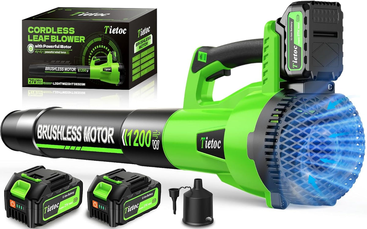 Tietoc Leaf Blower Cordless, 1200W Brushless Electric Leaf Blower with 2 X 5.0Ah Battery, 6 Speed Levels, 2 Extended Tube and Nozzles, Powerful Leaf Blowers for Garden, Patio, Lawn Care (Green)