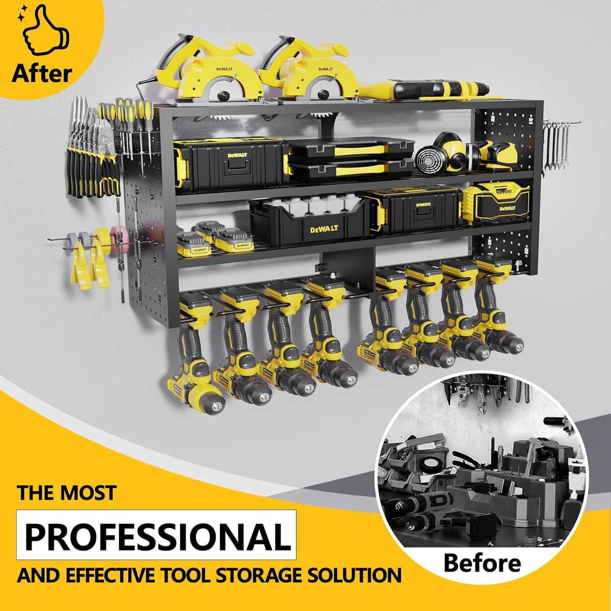 Large Power Tool Organizer Wall Mount, 4 Layer Garage Storage Cordless Tool Organizer with 8 Drills Holder, Heavy Duty Premium Metal Load 400 lbs, Ideal Garage Organization Gifts for Men