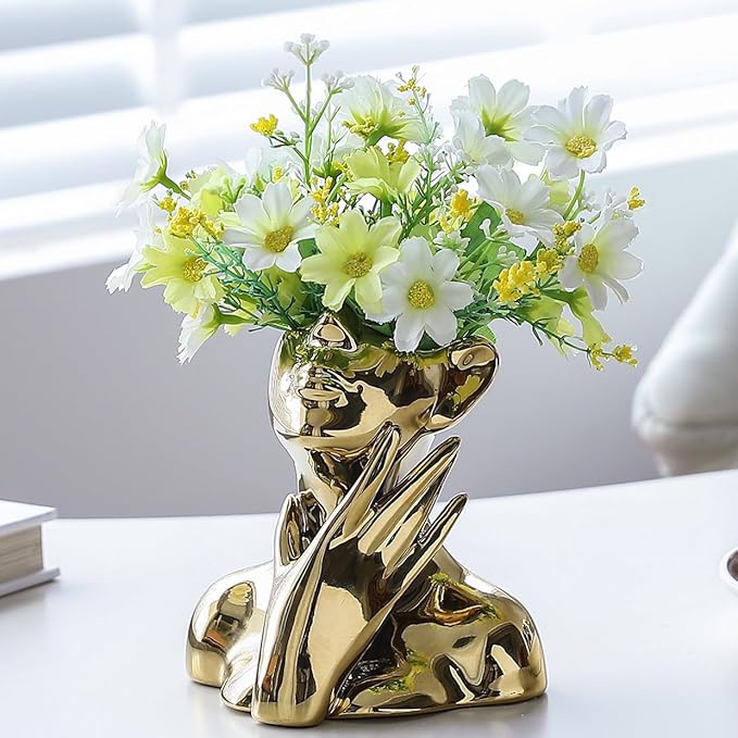 BrownLove Golden Ceramic Face Vase, Modern Golden Decorative Art Vase, Bookshelf Placed On The Desktop, Small Living Room, Office and Bedroom
