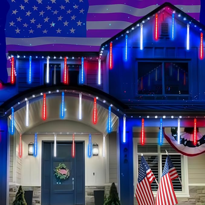 4th of July Decorations Outdoor, Red White and Blue Solar Meteor Shower Lights, 18 Tubes 432 LEDs 4th of July Lights Waterproof, Patriotic Lights String for Independence National Memorial Day Decor
