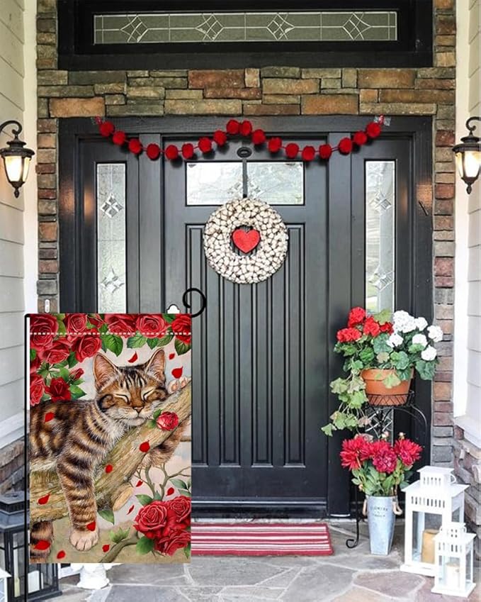 BLKWHT Valentines Cat Garden Flag 12x18 Vertical Double Sided Red Roses Spring Farmhouse Holiday Outside Decorations Burlap Yard Flag BW757