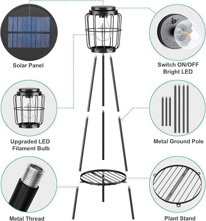 2 Pack Solar Lights Outdoor with Plant Stands, Solar Floor Lamp with LED Edison Bulbs for Garden Yard Pathway Driveway Front/Back Porch Decoration