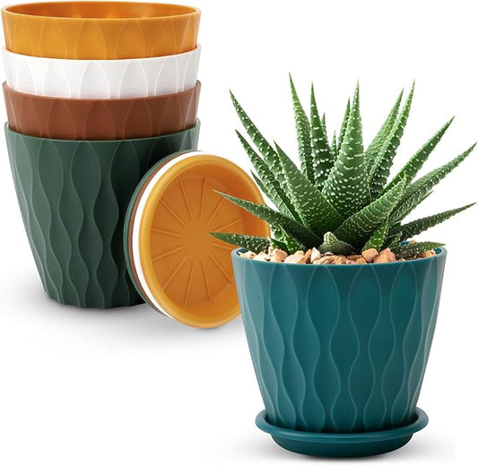 4 inch Plant Pots, 5 Pack Flower Pots Outdoor Indoor, Planters with Drainage Holes and Tray Saucers（（Multicolor）
