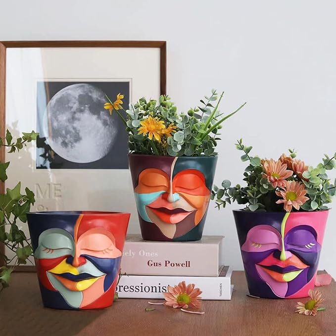 GUGUGO Abstract Rainbow Head Planter, Graffiti Face Planters Pots with Drainage, Flower Plant Pots for Indoor Plants, Unique Funny Pots for Plant Lover Gifts