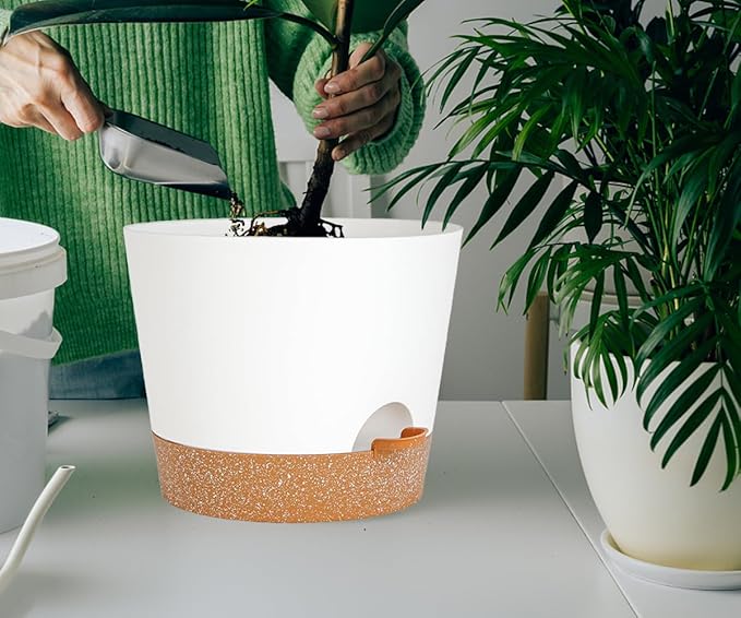 12+12Inch 2Pack Large Flower Pots for Indoor/Outdoor Plants,Self Watering Planters with Reservoir and Drainage Hole White Plastic Planting Pots Modern Home Decor Gift Idea