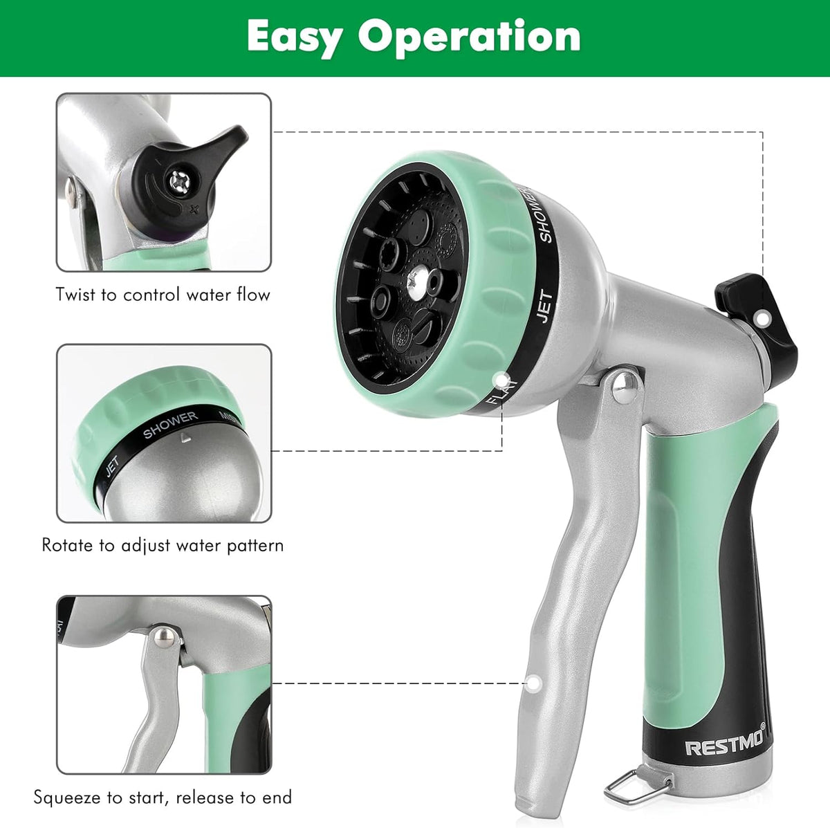 RESTMO Garden Hose Nozzle, Heavy Duty Metal Water Hose Nozzle with 7 Adjustable Spray Patterns, High Pressure Hand Sprayer with Flow Control, Best for Watering Plant & Lawn, Washing Car & Pet, Cyan
