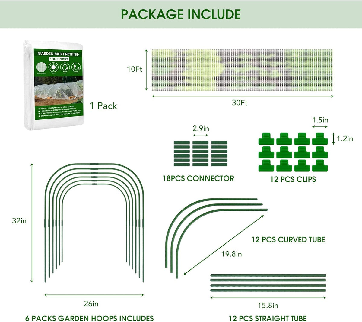 Garden Mesh Netting Kit - 10x30ft Ultra Fine Mesh with 6 Sets Hoops & 12 Clips, Bird Netting Protection for Fruit, Vegetable, Flowers & Animals, Greenhouse Cover