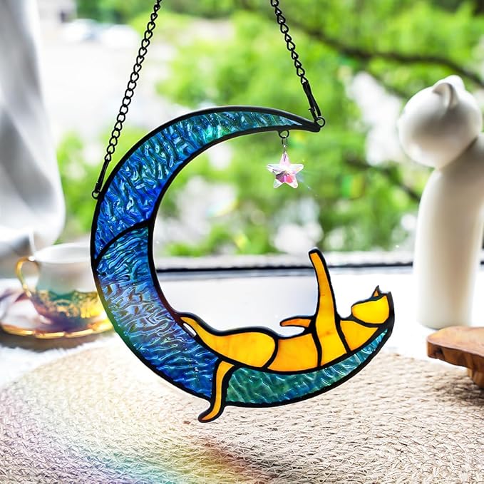 BOXCASA Orange Cat Suncatchers for Windows Hanging,Stained Glass Cat on Moon,Crystal Suncatcher Prism Hanging,Cat Gifts for Women Mom Cat Lovers