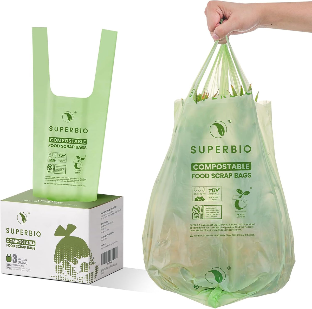 SUPERBIO 3 Gallon Compostable Food Waste Bags, 80 Count, Food Scrap Bags with Handles, ASTM D6400, BPI and OK compost INDUSTRIAL