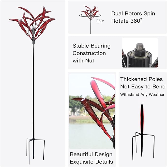82 inch Wind Spinners Outdoor - Extra Large Metal Wind Sculptures & Spinner with Stake, Big Clearance Windmills for The Yard and Garden, Tall Yard Art Decor-Burgundy Red