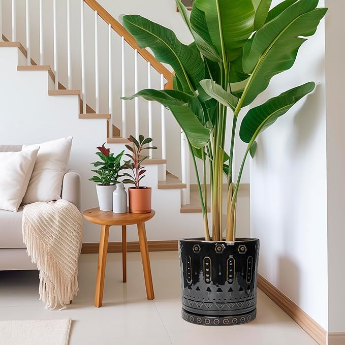 Ceramic Pots for Plants - 12 Inch Large Planter with Drainage Hole and Saucer, Ceramic Flower Pots for Indoor Outdoor, Boho Round Planter, Patio Decor, Gifts for Plant Lover, Black