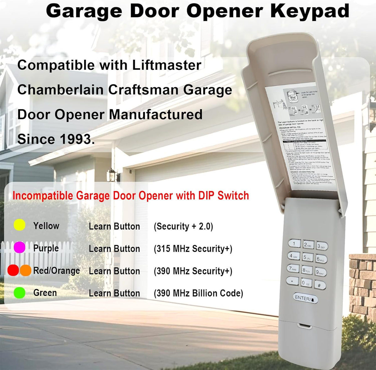 Garage Door Opener Keypad for Liftmaster Chamberlain Craftsman Garage Door Opener, Replace Wireless Keypad 877MAX Keyless Entry with 315/390 MHZ Learn Button Produced Since 1993