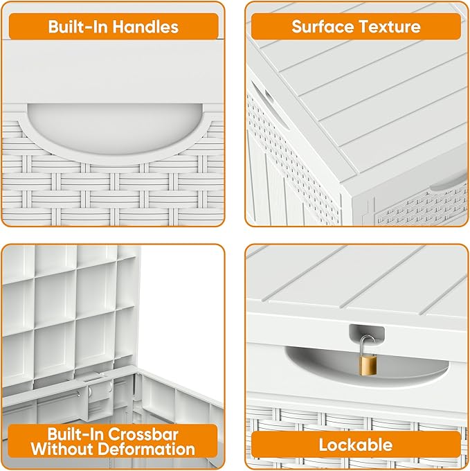 33 Gallon Resin Deck Box, Weatherproof Outdoor Storage Box for Patio, Garden and Yard, Lockable Waterproof Bin for Tools, Cushions, and Accessories, White